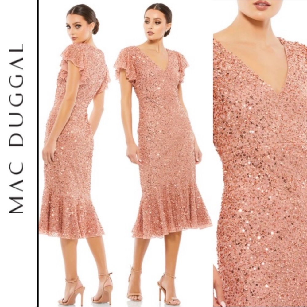 Mac Duggal - Rose Gold Sequined V-Neck Flutter Cap Sleeve Trumpet Dress